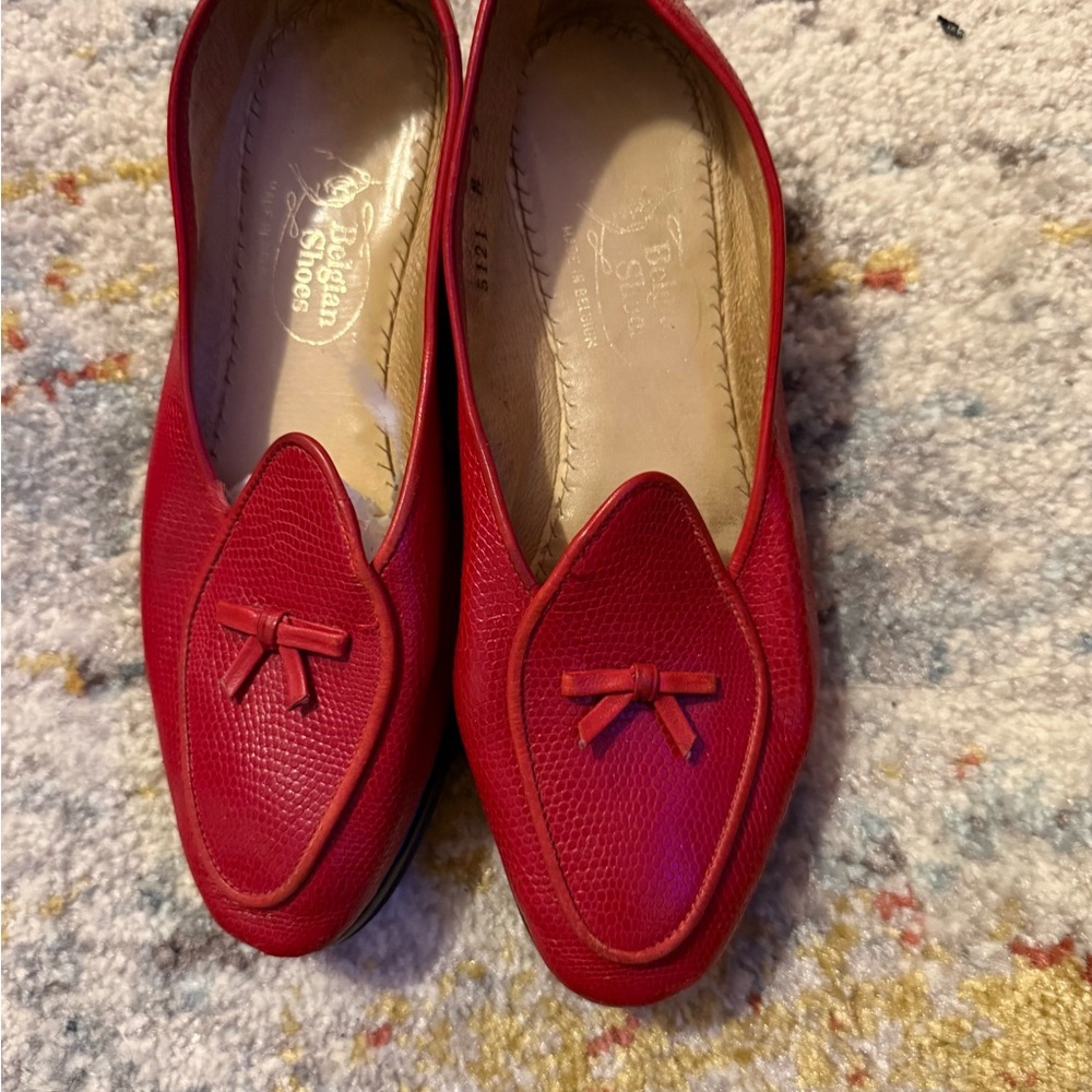 Chic Red Leather Travelette Loafers with Bow Belgian Shoes